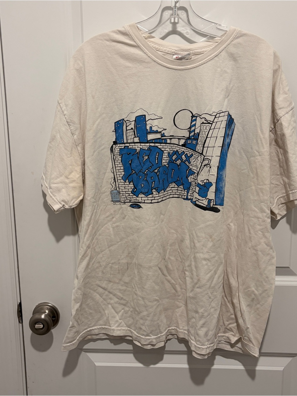 Red Baron Straight edge Graphic Tee with Blue City Graffiti Design